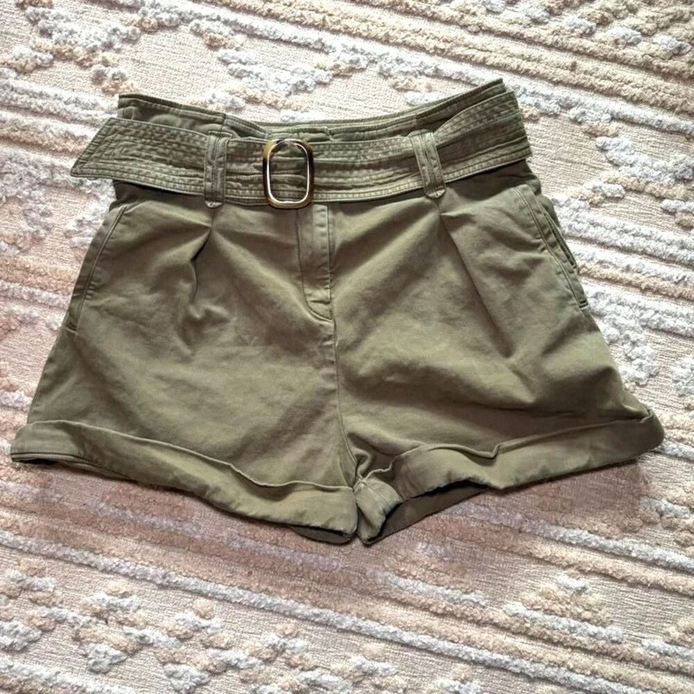 Sézane New Rome Shorts Olive Green High Waist Belted FR 42 US 10